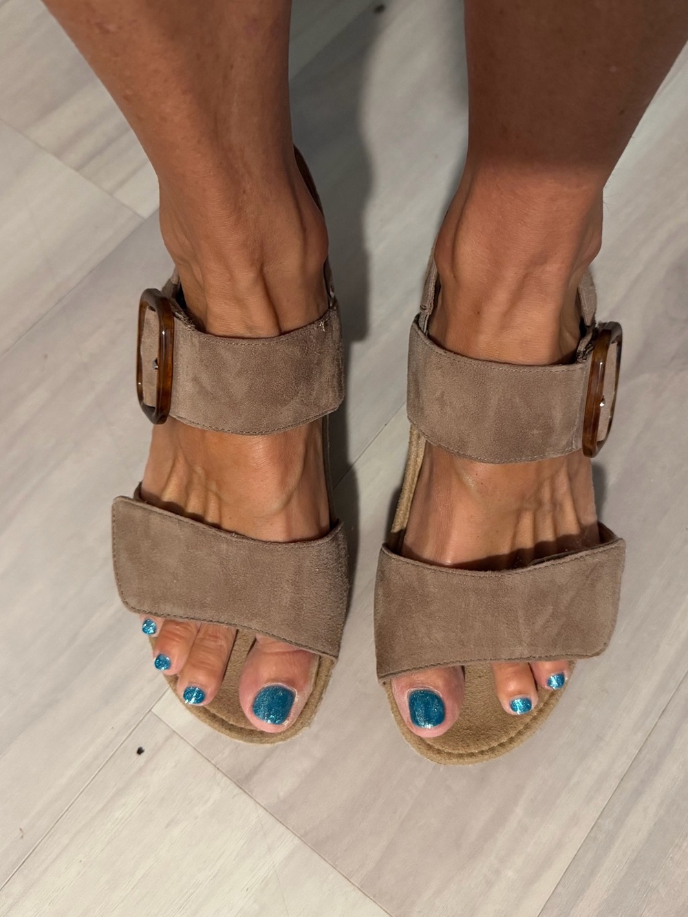 Aetrex Taupe Suede Double-Strap Sandals with Buckle